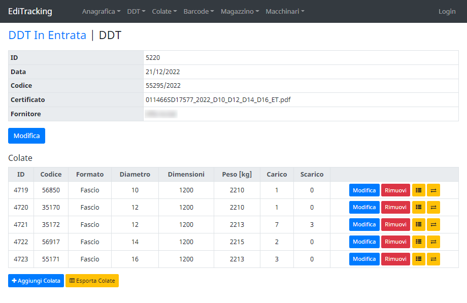 Dettaglio DDT con elenco materiali, colate e certificato